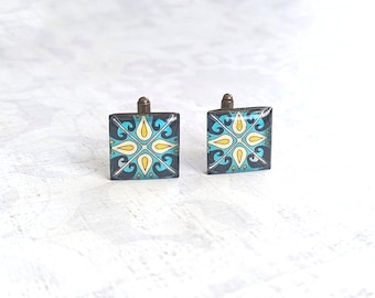 Antique Gold Plated Brass Cuff Links with Blue & Yellow Tile Design and Epoxy Resin