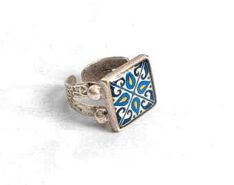 Catalina Tile Adjustable Ring on  Silver Plated Brass,  Catalina Pottery Turquoise and Teal, Aqua Mexican Tile, Spanish Tile Ring