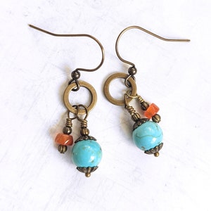 Turquoise Colored Magnesite & Carnelian Gemstone Brass Bronze, Antiqued Gold Plated Brass Boho Dangle Earrings