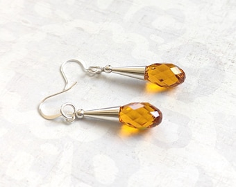 Simple Orange Honey Amber Swarovski Crystals on Silver Plated Brass Cones Dangle Earrings
