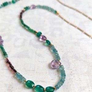 Gemstone Necklace, Amethyst, Apatite, Green Onyx & Garnet Encrusted Gemstone Necklace With Gold-Plated Brass One of a Kind image 4