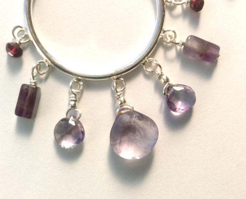 Sterling Silver With Faceted Amethyst Briolettes and Faceted Garnets, Hoop Earrings image 3