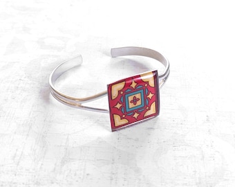 Catalina Tile on Silver Cuff Bracelet, Silver Plated Brass Red & Yellow Mexican Tile, Spanish Tile Talavera Tile Catalina Pottery