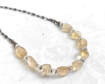 Beauty Gift Yellow Amber Colored Faceted Citrine and Moonstone Gemstones on Gold-Plated Brass Chain Necklace