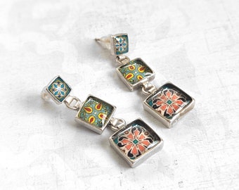 Turquoise & Pink, Red Turquoise Tiles on Antique Silver Plated Brass Post Earrings, Spanish, Mexican, Catalina, Tile Catalina Pottery