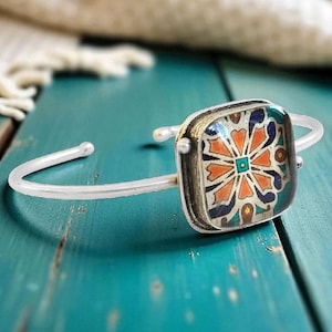 Catalina Tile Cuff Bracelet: Antique Silver Plated Brass, Available in Seven Tile Designs
