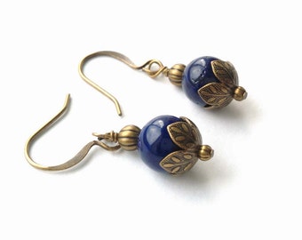 Bright, Navy, Cobalt Blue 8 mm Riverstone Gemstones Wrapped Brass Bronze, Antiqued Gold Dangle Earrings