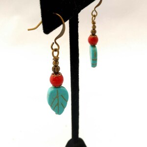 Turquoise Magnesite & Red Coral, Brass Bronze Antique Gold Dangle Earrings image 2