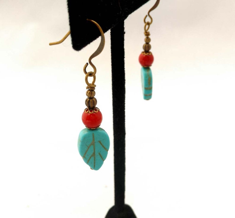 Turquoise Magnesite & Red Coral, Brass Bronze Antique Gold Dangle Earrings image 2