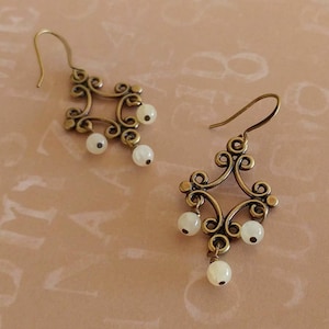 White Stone Earrings, Brass Agate Earrings, Beaded With Antiqued Brass, Bronze Accents image 1