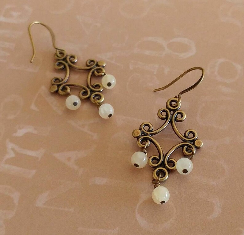 White Stone Earrings, Brass Agate Earrings, Beaded With Antiqued Brass, Bronze Accents image 1