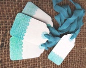 10 White & Teal, Aquamarine Paper Gift Tags 2 1/16" x 1 1/4" 65lb Repurposed Cardstock Paper With Repurposed Fabric Ties