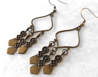 Brass Bronze Bohemian Earrings Antiqued Gold Plated Brass Chandelier Earrings with Brass Drops Earrings