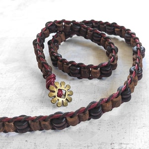 Three Time Wrap Bracelet Natural Wood Beads with Burgundy Waxed Cotton Cord with Antiqued Gold plated Brass Button Closure