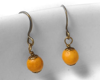 Tiny Mustard Yellow Marble Gemstone Earrings on Antiqued Gold Plated Brass Bronze Earwires