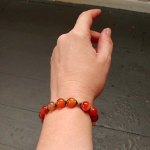 Antiqued Brass Stretch Beaded Bracelet, With Red Agate Gemstones in Yellow, Orange with Antiqued Brass Accents image 4