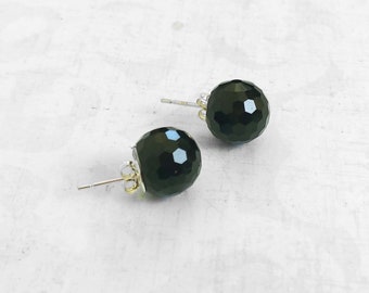 Simple Sterling Silver Post Earrings With 12mm Black Faceted Swarovski Crystal Balls