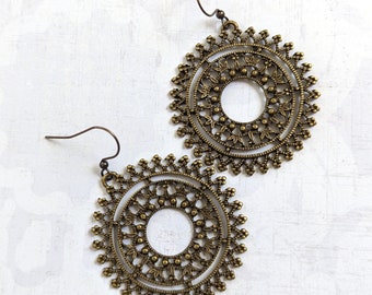 Antique Bronze Bohemian Gold Plated Brass Large Lacy Circle, Indian Style Earrings, Brass, Bronze Antique Brass