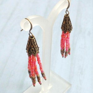 Fushia Dark Pink Beaded Tassel Earrings With Antiqued Gold Plated Brass, Bronze Accents image 2
