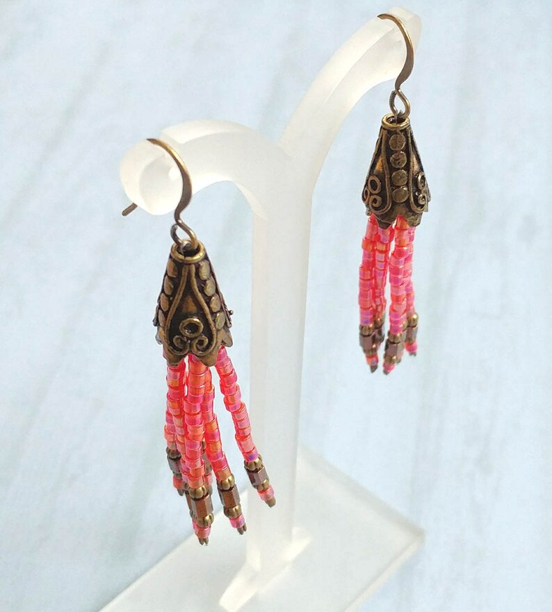 Fushia Dark Pink Beaded Tassel Earrings With Antiqued Gold Plated Brass, Bronze Accents image 2