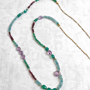 Gemstone Necklace, Amethyst, Apatite, Green Onyx & Garnet Encrusted Gemstone Necklace With Gold-Plated Brass One of a Kind image 2