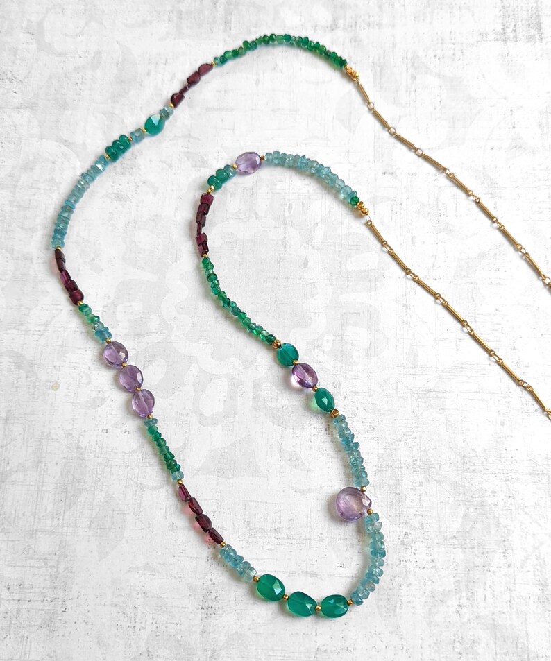 Gemstone Necklace, Amethyst, Apatite, Green Onyx & Garnet Encrusted Gemstone Necklace With Gold-Plated Brass One of a Kind image 2