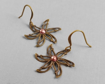 Pink Crystal Star Earrings Swarovski Opal Crystals on Antiqued Brass Cut Out Star Earrings,