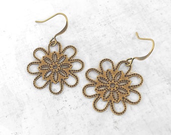 Brass Flower Earrings, Antiqued Gold Plated Brass, Circle Floral Filigree, Vintage Look Super Light-Weight Dangle Earrings