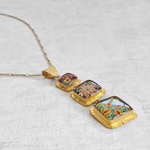 Three Satin Gold Catalina Tile Statement Necklace, Mexican Tile, Spanish Tile on Bar Link Chain, Gold Plated Brass Tiles image 2