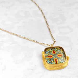 Spanish, Mexican, Catalina Tile, Red, Turquoise & Yellow on Satin Gold Pendant Catalina Pottery Design 4