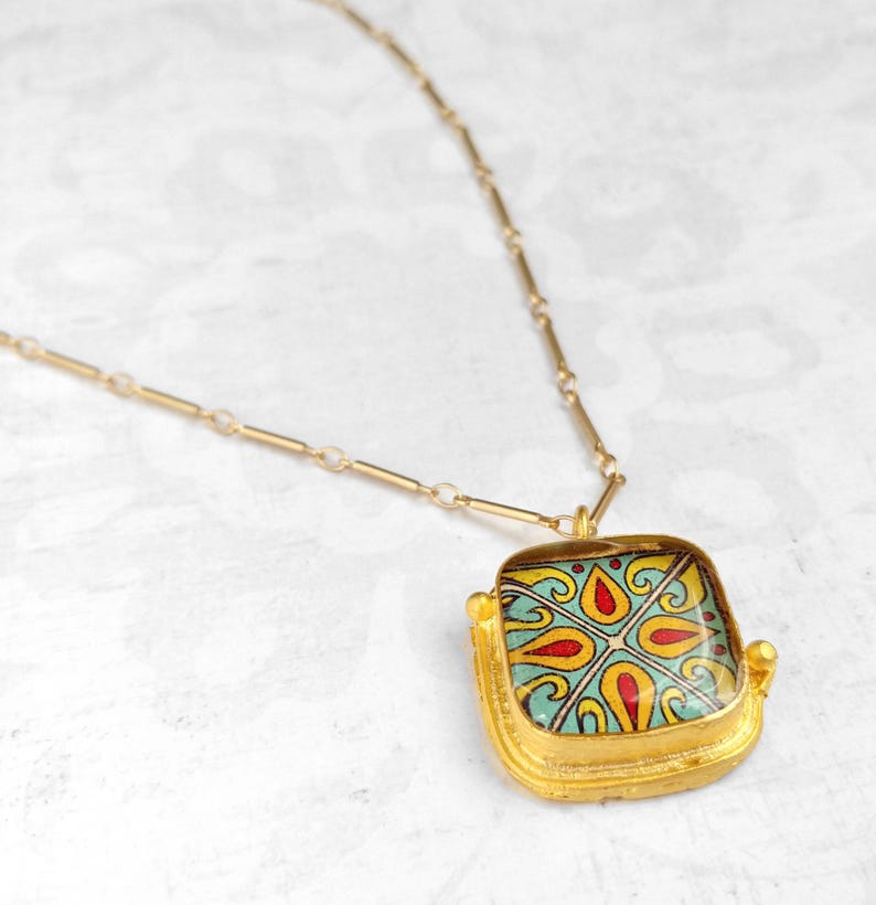 Spanish, Mexican, Catalina Tile, Red, Turquoise & Yellow on Satin Gold Pendant Catalina Pottery Design 4
