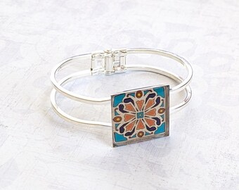 Catalina Tile on Silver Hinged Cuff Bracelet, Silver Plated Brass Pink & Turquoise Mexican Tile, Spanish Tile Talavera Tile Catalina Pottery