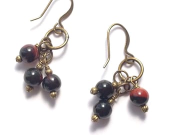 Black & Red Agate Gemstones, Wire Wrapped Brass Bronze Antique Gold Dangle Earrings