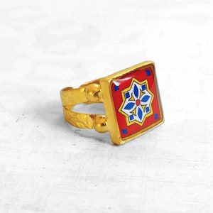 Vibrant Mexican Ceramic Ring on Gold Plated Brass with Catalina Tile Design