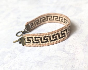 Greek Key Motif Bronze and Ivory Seed Beaded Wrap Bracelet in Bronze, Brown, Tan, Ivory Glass, Loom Woven