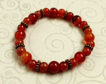 Burnt Orange Simple Red Agate Gemstone Stretch Bracelet With Gold-Plated Brass Accents