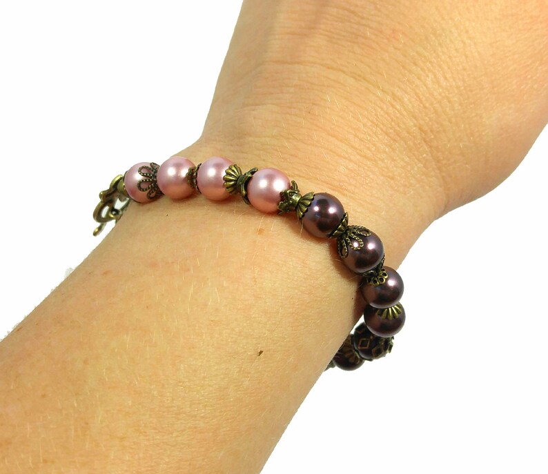 Pearl Maroon, Burgundy, Pink Ombre Bracelet, Genuine Swarovski Crystal Pearls in Four Colors With Antique Gold Plated Accents image 2