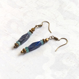 Antiqued Gold Plated Brass, Lapis Lazuli and Apatite Gemstones on Earwires, lightweight Antiqued Gold Plated Brass Accents