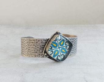 Catalina Tile on Silver Cuff Bracelet, Silver Plated Brass Adjustable Tile Teal, Blue, Turquoise Mexican Tile, Spanish Tile Catalina Pottery
