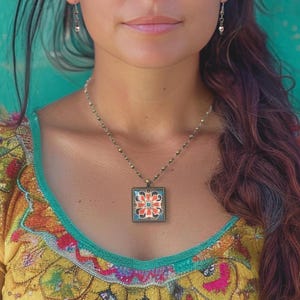 Catalina Tile Gift Set, Spanish, Mexican, Catalina Tile, Turquoise and Pink Tile Necklace on Gold Plated Brass Chain With Simple Earrings