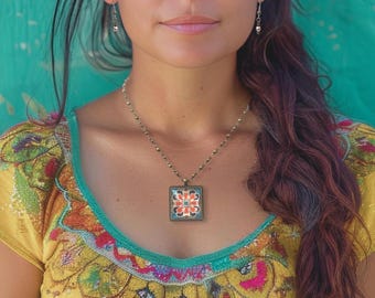 Catalina Tile Necklace Earring Set, Gold Plated Brass, Spanish Design