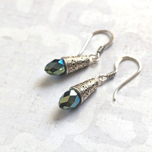 Delicate Simple Green Iridescent Metallic Faceted Glass Crystal Teardrop on Antique Silver Dangle Earrings