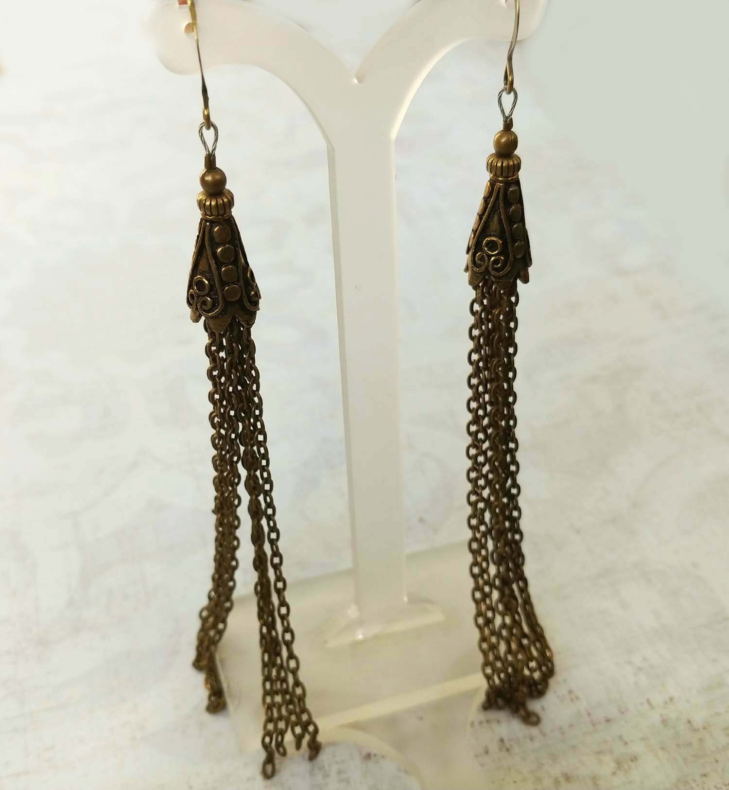 Chain Tassel Earrings, Antiqued Gold Plated Brass Chain With Antiqued