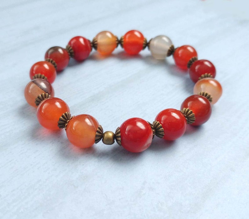 Antiqued Brass Stretch Beaded Bracelet, With Red Agate Gemstones in Yellow, Orange with Antiqued Brass Accents image 2