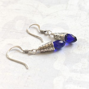 Delicate Simple Bright Cobalt Blue Faceted Translucent Glass Crystal Teardrop on Antique Silver Dangle Earrings