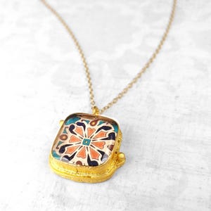Spanish, Mexican, Catalina Tile, Red, Turquoise & Yellow on Satin Gold Pendant Catalina Pottery Design 6