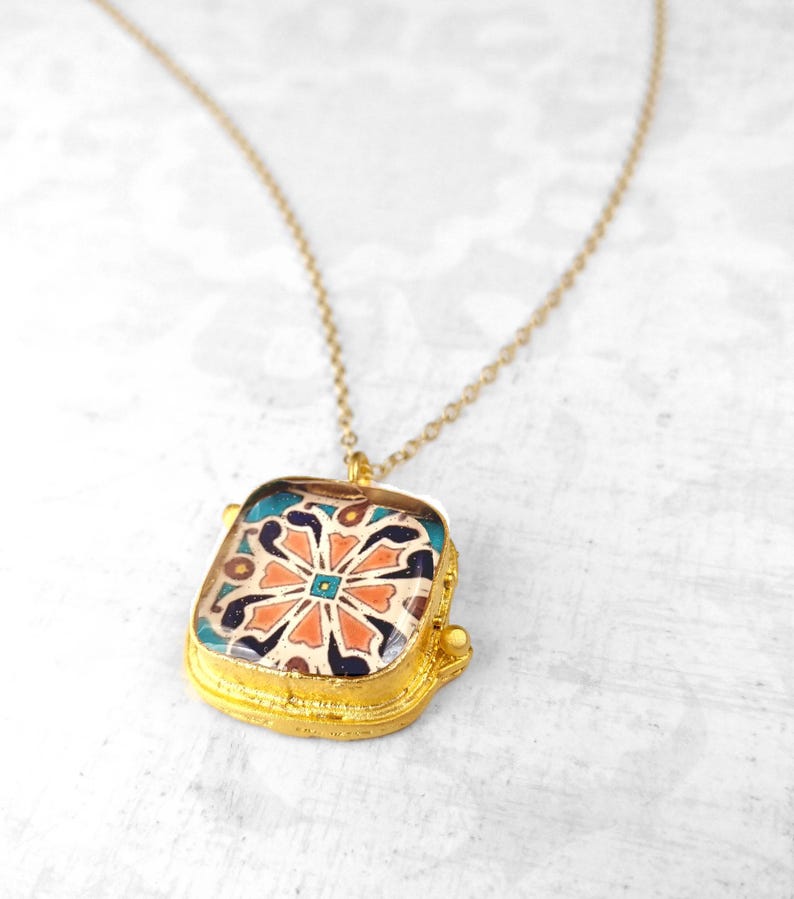 Spanish, Mexican, Catalina Tile, Red, Turquoise & Yellow on Satin Gold Pendant Catalina Pottery Design 6