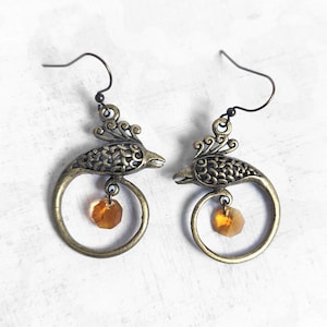 Antique Bronze Mythical Phoenix Earrings with Honey, Orange, Gold Colored Swarovski Crystal Accent