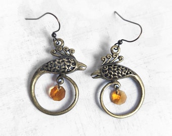 Antique Bronze Mythical Phoenix Earrings with Honey, Orange, Gold Colored Swarovski Crystal Accent