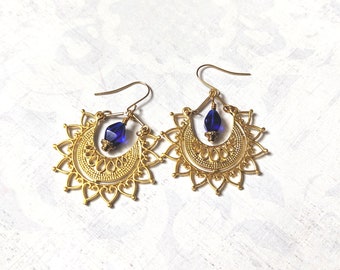 Gold Intricate Cutout Earrings with Blue Glass Beads, Middle Eastern, Indian Style, Gypsy Jewelry, Moroccan Earrings, Ethnic Jewelry